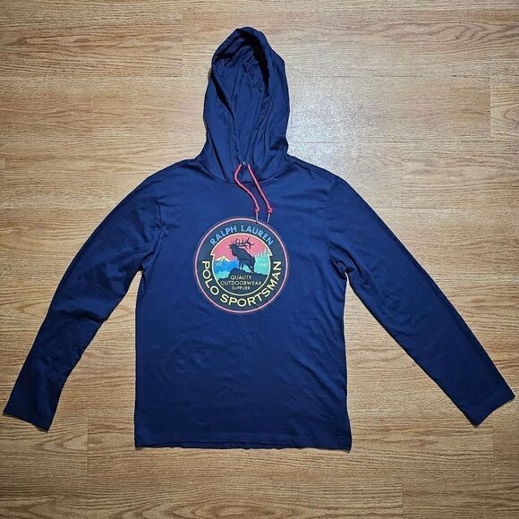 Polo Ralph Lauren Lightweight Hoodie Men's Small S Navy Moose Outdoors Logo New - Picture 9 of 9